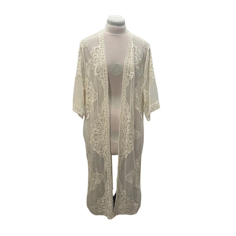 Ivory Lace Mesh Embroidered Open Front Kimono Duster Long Length S/M Boho Fairy